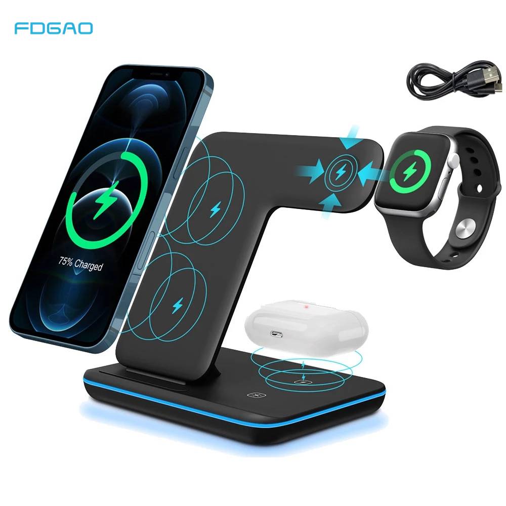 3 in 1 15W Qi Fast Wireless Charger Pad Dock Station For iPhone 14 13 12 11 Pro XS XR X 8 Apple Watch 8 7 SE 6 5 4 AirPods 3 Pro