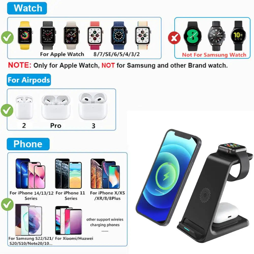 20W 3 in 1 Qi Wireless Charger Stand For iPhone 14 13 12 11 XS XR X 8 Induction Fast Charging For Apple Watch 7 8 Airpods 3 Pro