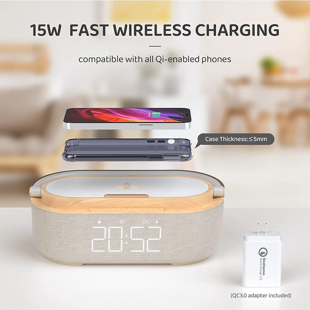 5 IN 1 LED Night Light Touch Mode Three-step Brightness USB Charge Digital Alarm Clock Radio Bluetooth Speaker Wireless Charger